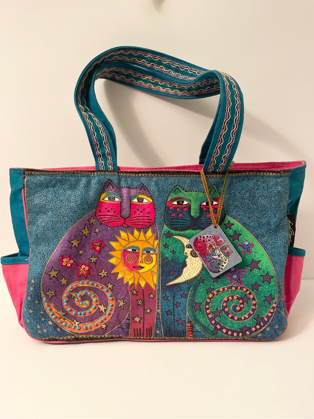 Laurel Burch Sun Moon Celestial Cats Canvas Tote Bag Whimsical Folk Art